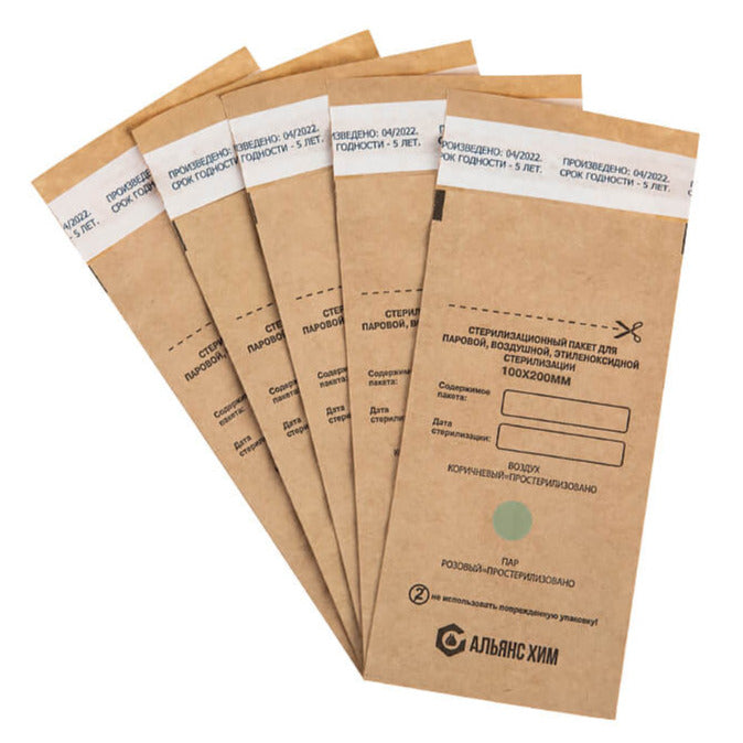 Alyans khim Kraft paper sterilization bags, 100x200 mm, 1 pc or 100 pcs