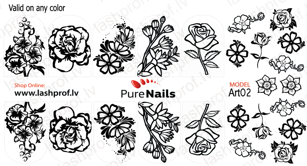 BIS Pure Nails nagu dizaina slaideri uzlīmes Black BLOOM Art1, Art02, Art12