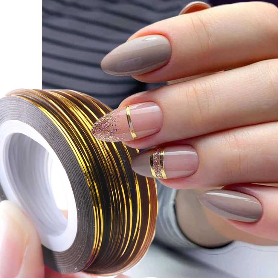 Designer LV brown gold glitter stripping tape NAIL DECALS black
